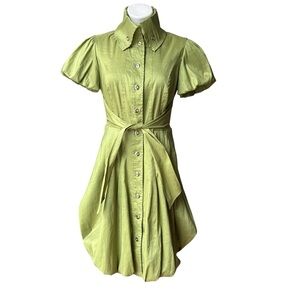 Frank Lyman Design Celery Green Bubble Hem Puff Sleeve Button Down Belted Dress